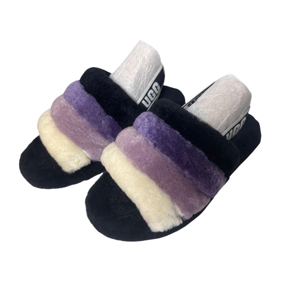 UGG Fluff Yeah Slides Purple Black Stripe Logo Strap Multicolor Sheepskin Size 8